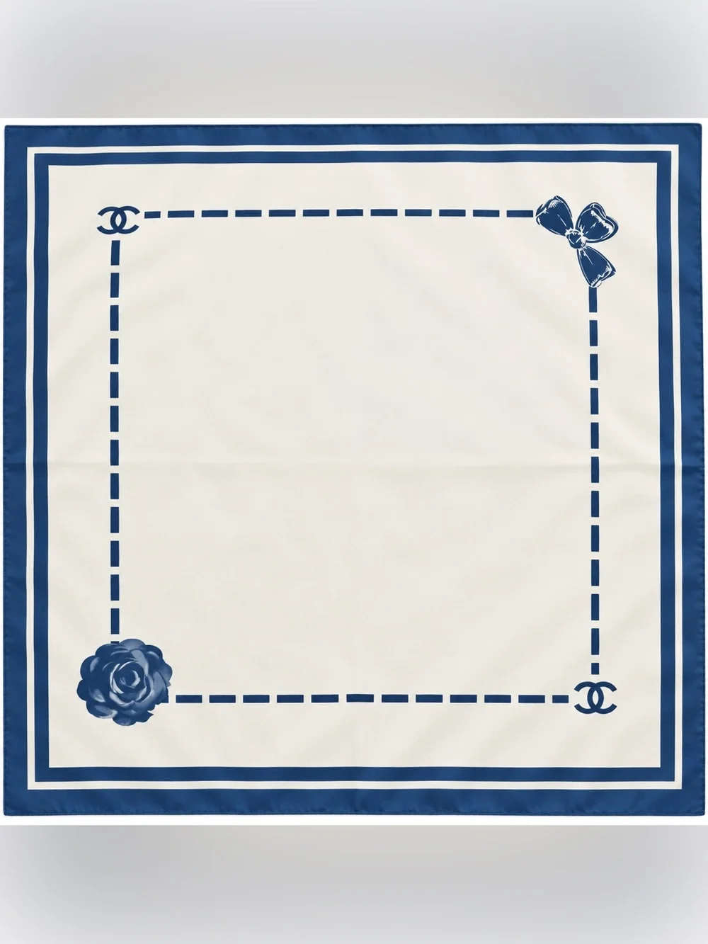 Chanel Style Ivory & Navy Blue Camellia Bow Print Square Silk Scarf Wrap Shawl